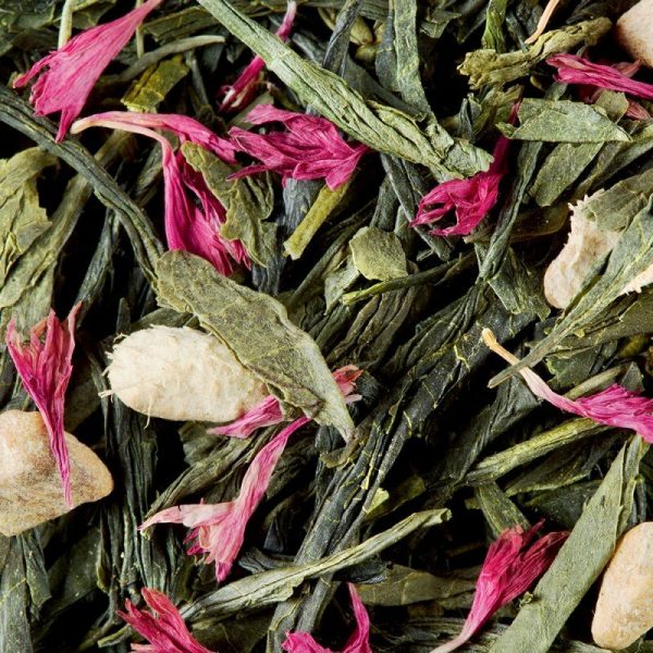 Thé vert Miss Dammann, un thé parsemé de pétales de fleurs rose et blanche.