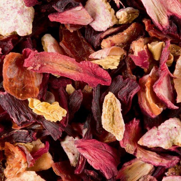 Carcadet Provence de chez Dammann. Infusion composée de Fleurs d’hibiscus, d’écorces de cynorrhodon, morceaux de pomme, d'écorces d'orange et pétales de fleurs.
