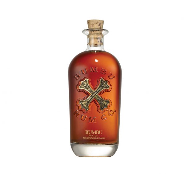 Bouteille de rhum Bumbu marqué par une croix doré