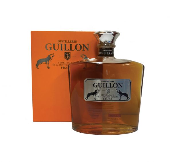 Boisson spiritueuse de la Maison Guillon Finition Crozes-Hermitage. Bouteille en forme de carafe avec étui orange.