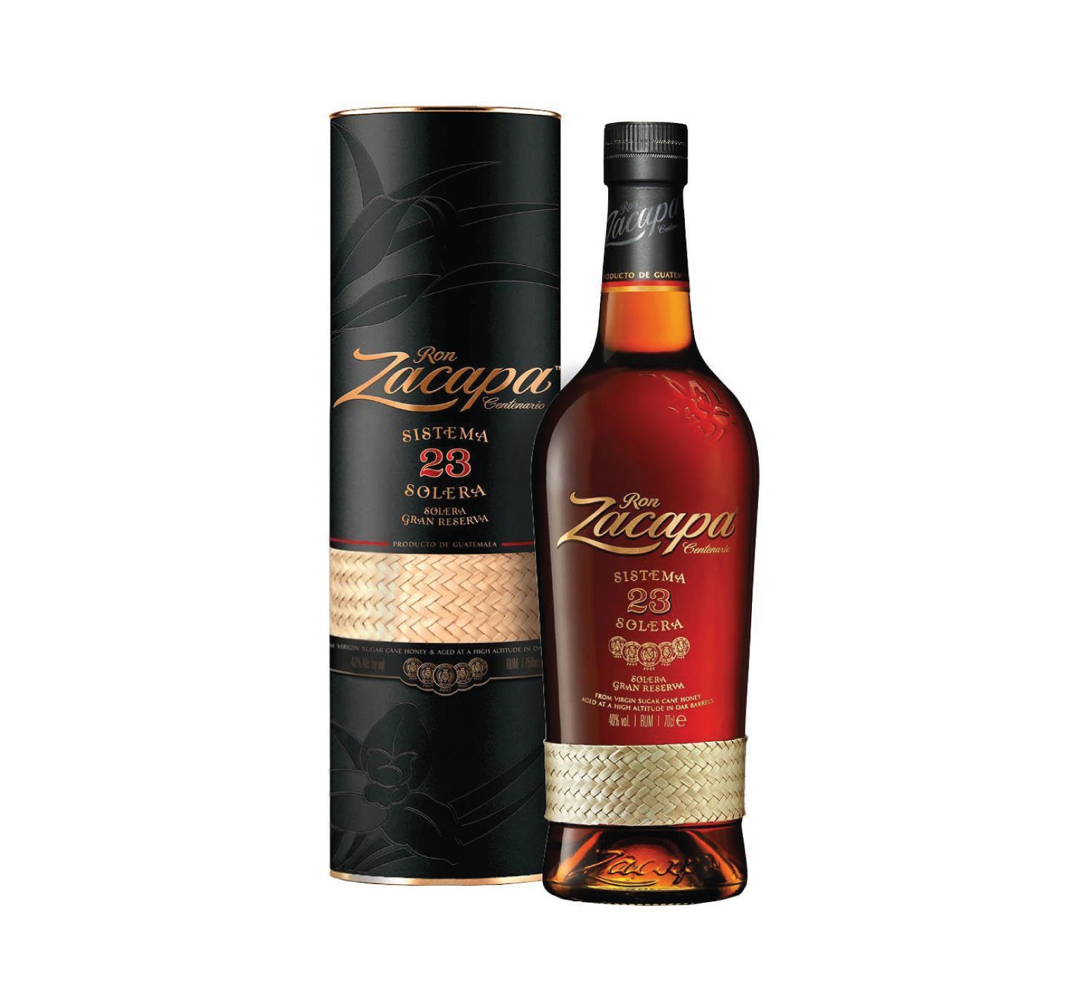 Bouteille de Zacapa 23 et son étui rond de couleur foncée.