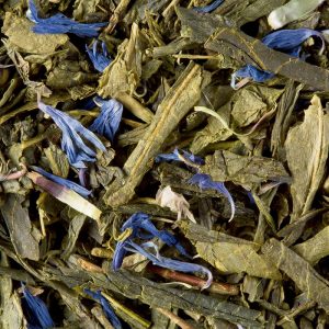 Calabria, un thé vert à la bergamote avec de grandes feuilles et des fleurs de bleuet