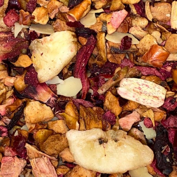 La Gourmande, une infusion de fruits à base d'hibiscus, de banane, de rhubarbe, de pomme, de caramel