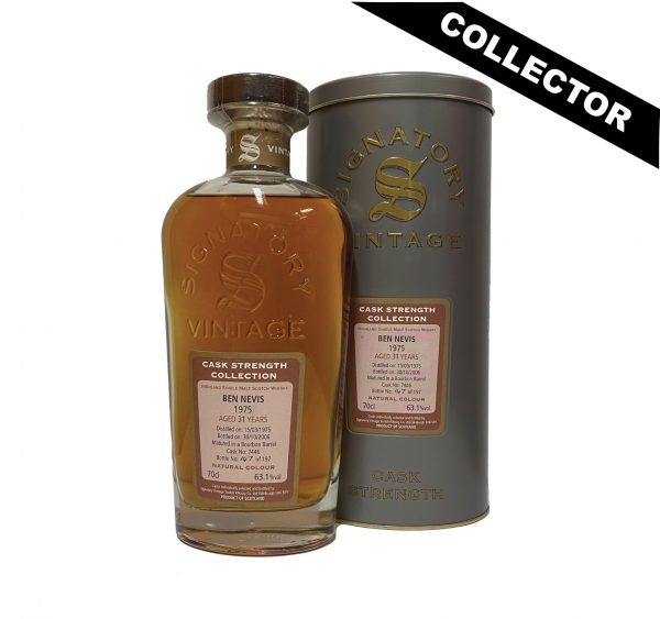 Whisky écossais Collector Ben Nevis 31 ans, 1975, Signatory Vintage présenté dans un coffret métal ovale gris