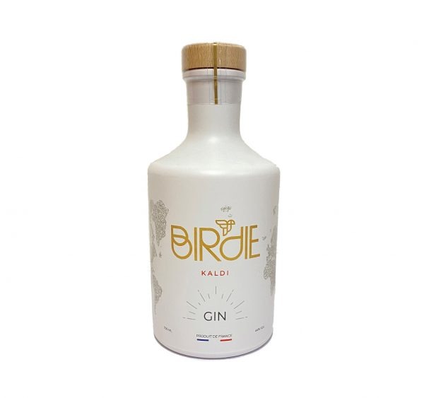 Gin français Birdie, Cuvée Kaldi. Jolie bouteille opaque de couleur blanche