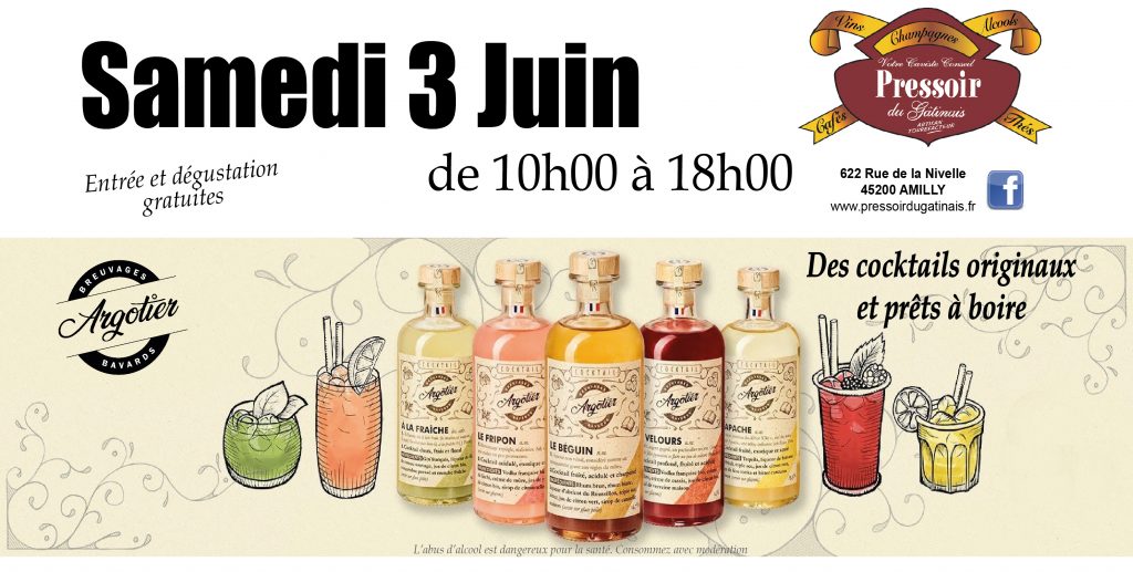 Invitation gratuite à la dégustation des Cocktails de la marque Argotier le Samedi 3 juin 2023 au Pressoir du Gâtinais