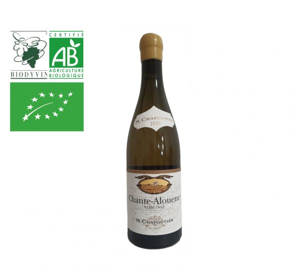 Vin blanc de la vallée du Rhône appellation Hemitage 2020 Chante-Alouette du Domaine Chapoutier. Étiquette de signalétique en braille