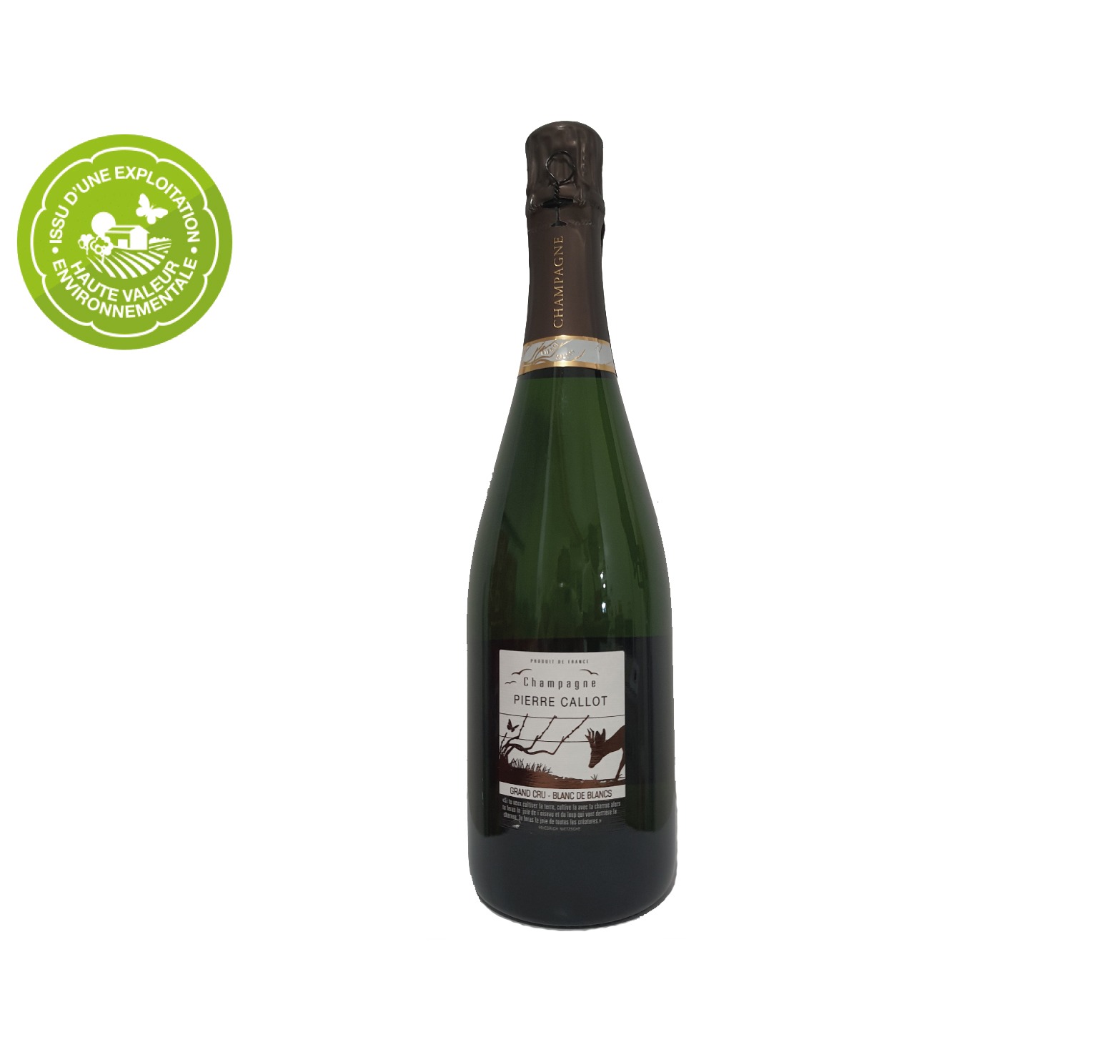 Champagne Pierre Callot Brut Cuvée Blanc de Blancs. Sur l'étiquette on y voit un papillon, un cep de vigne, trois oiseaux en vol et le buste d'un chevreuil.