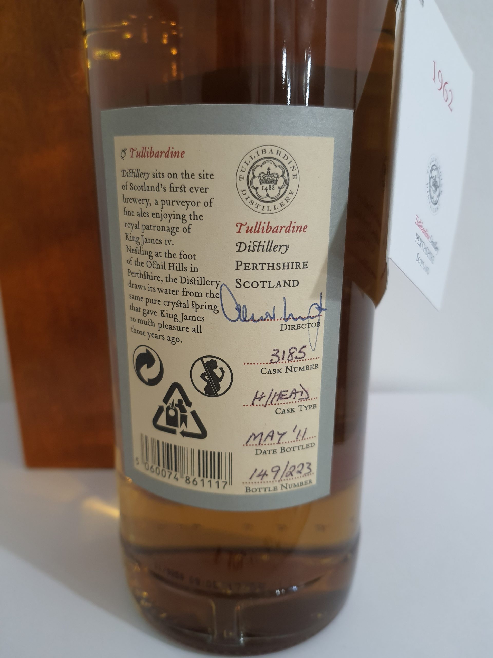 Whisky écossais collectror Tullibardine 1962 Contre étiquette