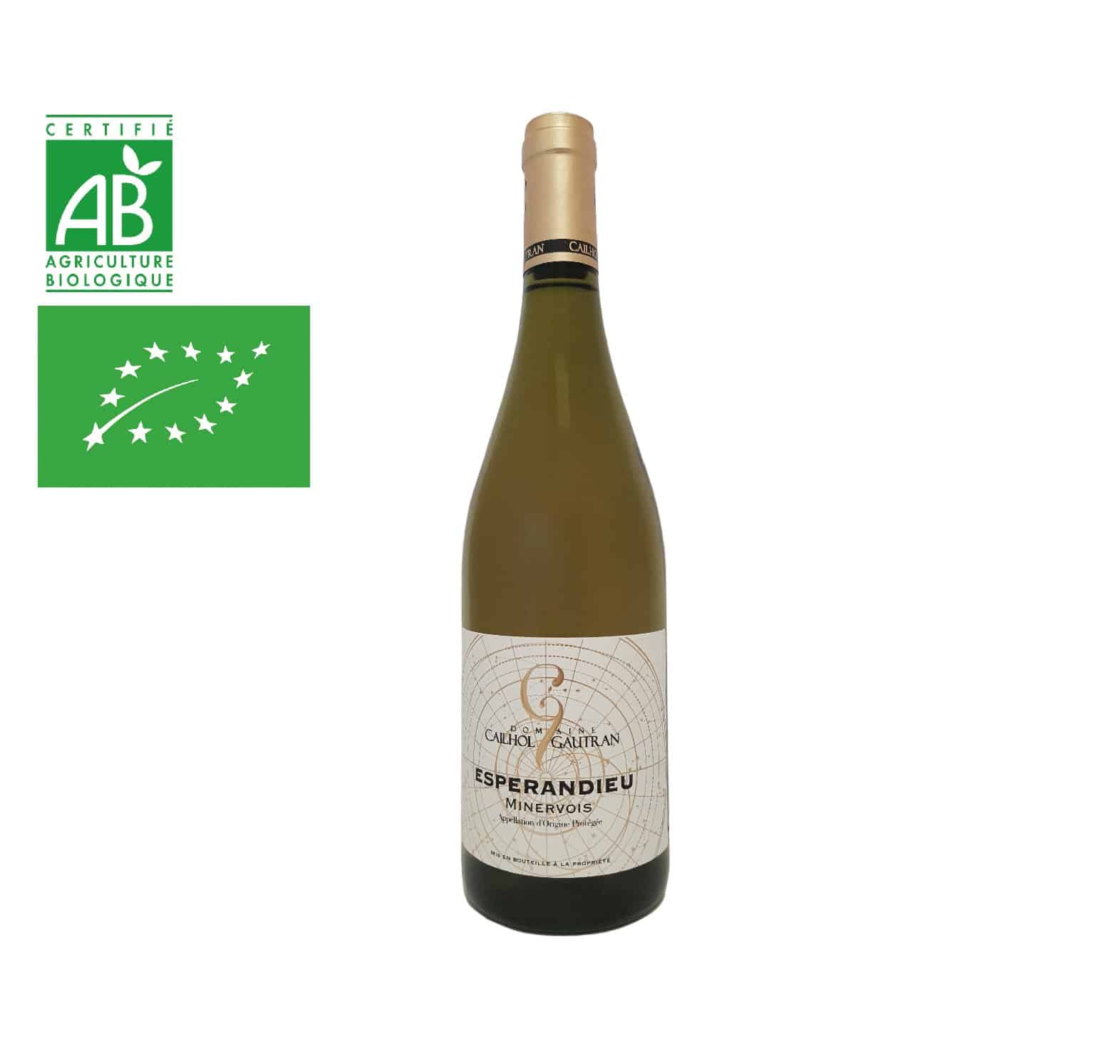 Vin blanc Bio de la région du Languedoc appellation Minervois Cuvée Esperandieu 2022 du Domaine Cailhol Gautran