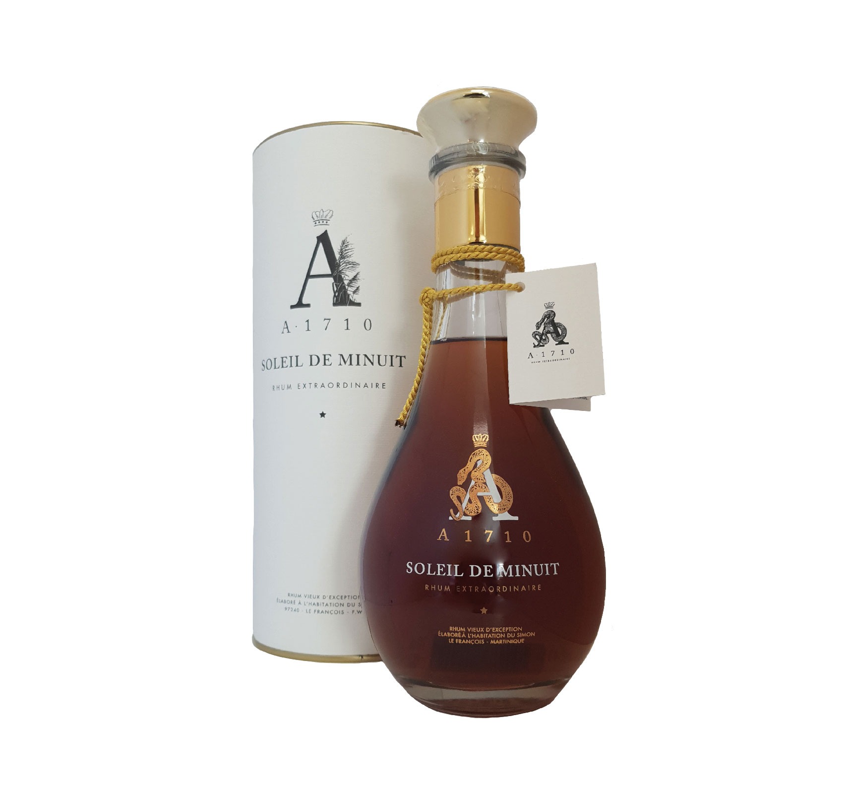 Rhum Vieux de la Martinique A1710 Soleil de Minuit. Un rhum extraordinaire présentée dans une jolie carafe forme goutte.
