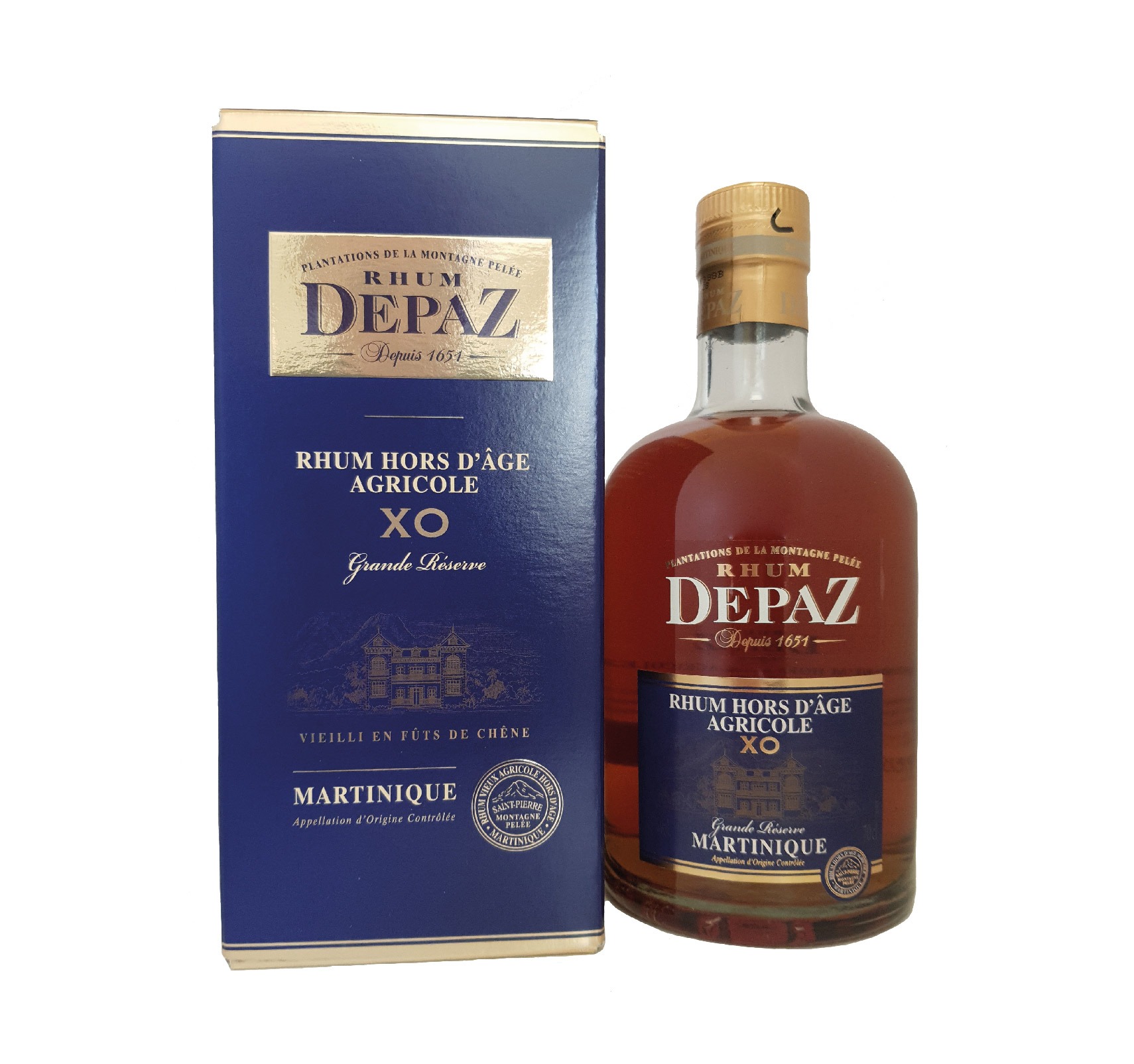 Rhum hors d'âge Agricole de Martinique, Depaz XO Grande Réserve. Issu de rhums vieillis entre 8 et 10 ans
