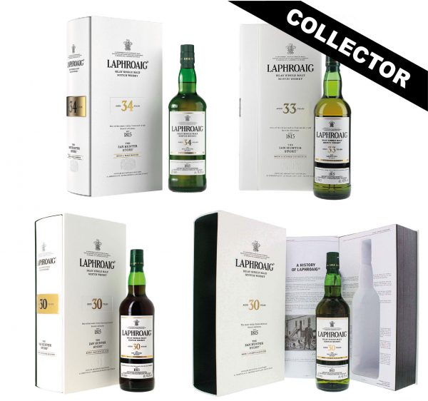 Collection Collector de 4 Coffrets de whisky de la marque Laphroaig, du chapitre 1 au chapitre 4 dans la collection Ian Hunter
