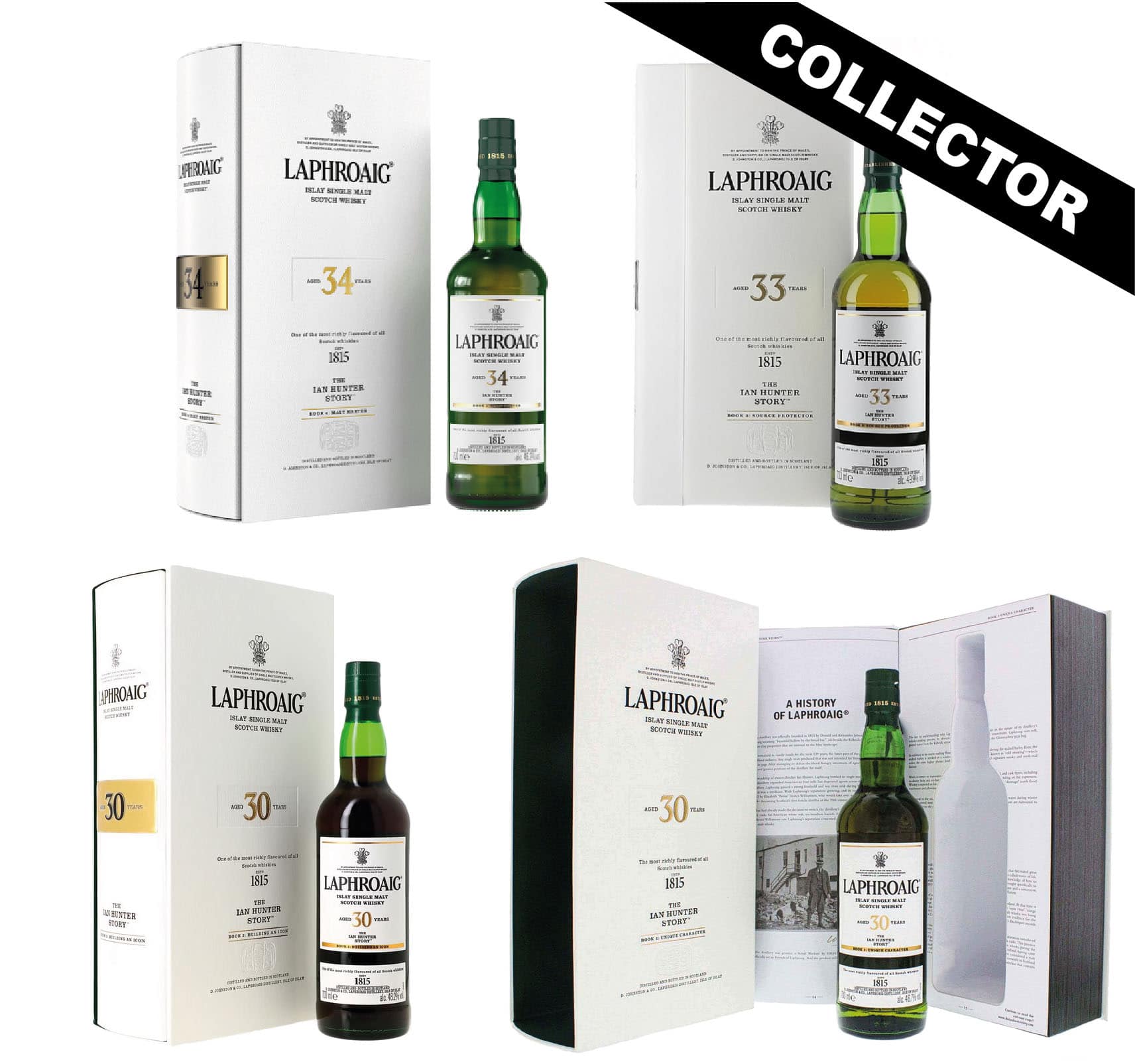 Collection Collector de 4 Coffrets de whisky de la marque Laphroaig, du chapitre 1 au chapitre 4 dans la collection Ian Hunter