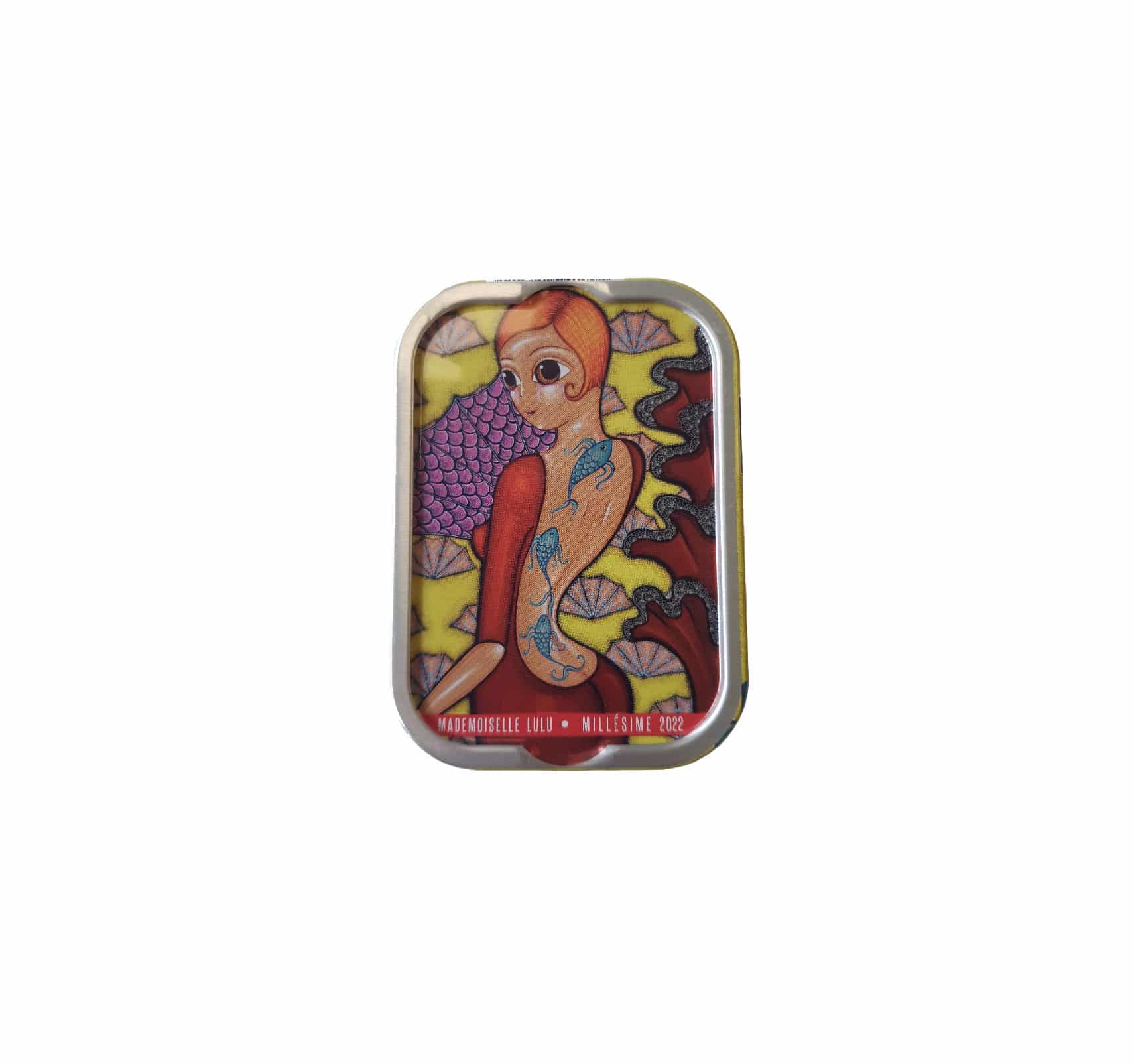 Boite 115g de Sardines Millésimées 2022 avec écrin personnalisé par l'artiste Coralie Joulin "La Valse Espagnole de Mlle Lulu"