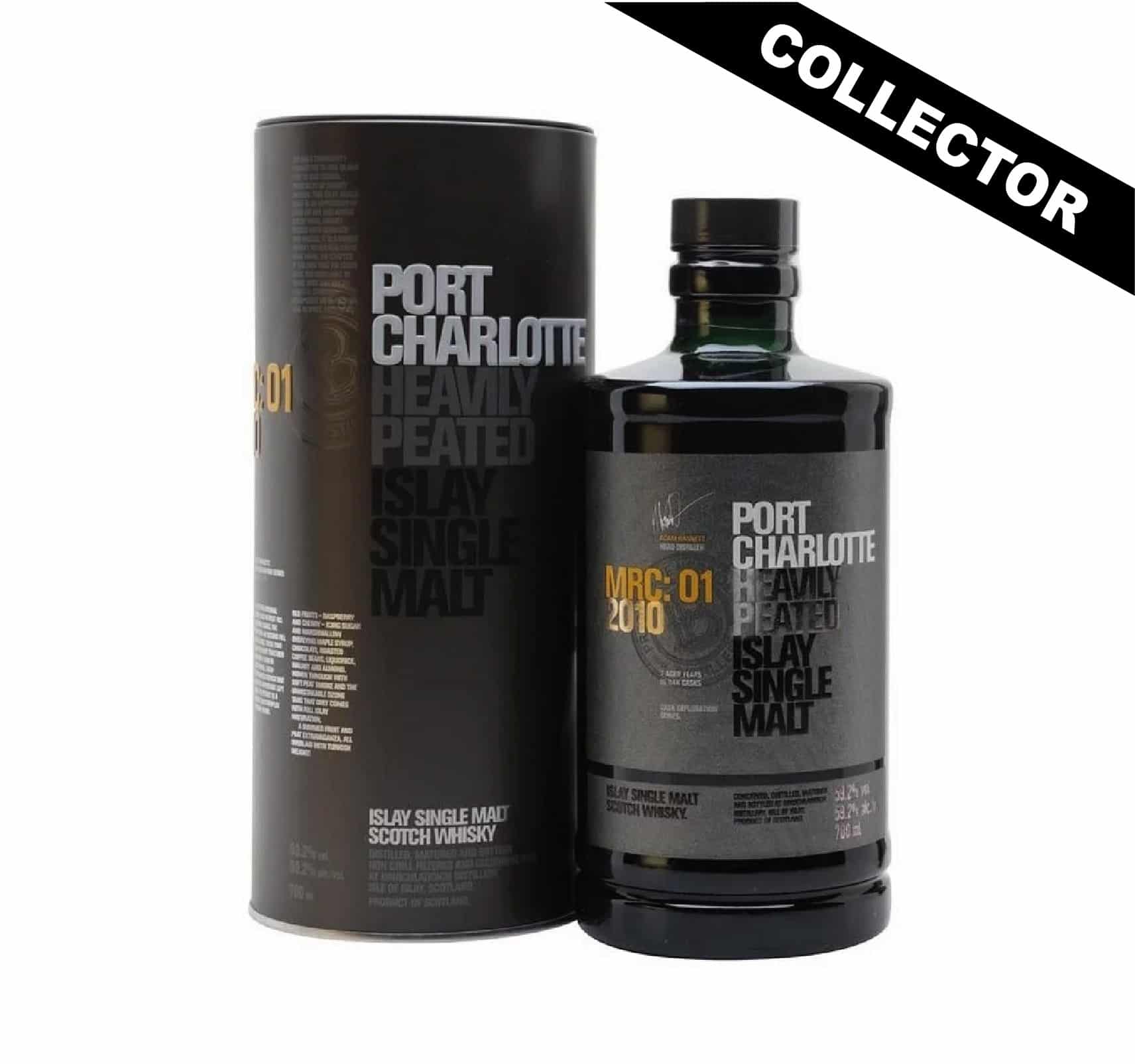 Whisky écossais collector, Port Charlotte Single MAlt 7 ans, MRC:01-2010. Un whisky fortement tourbé avec une finition en ex-fûts de vin de Pauillac.