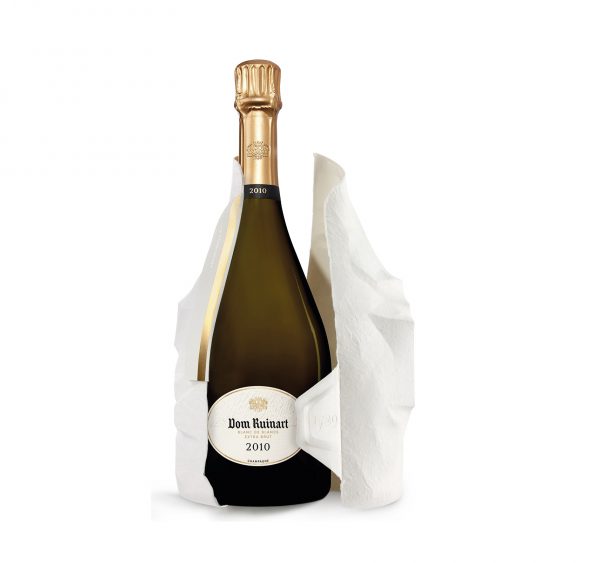 Bouteille de champagne Don Ruinart Blanc de Blancs Millésime 2010 bouteille 75cl présentée avec son coffret seconde peau ouvert