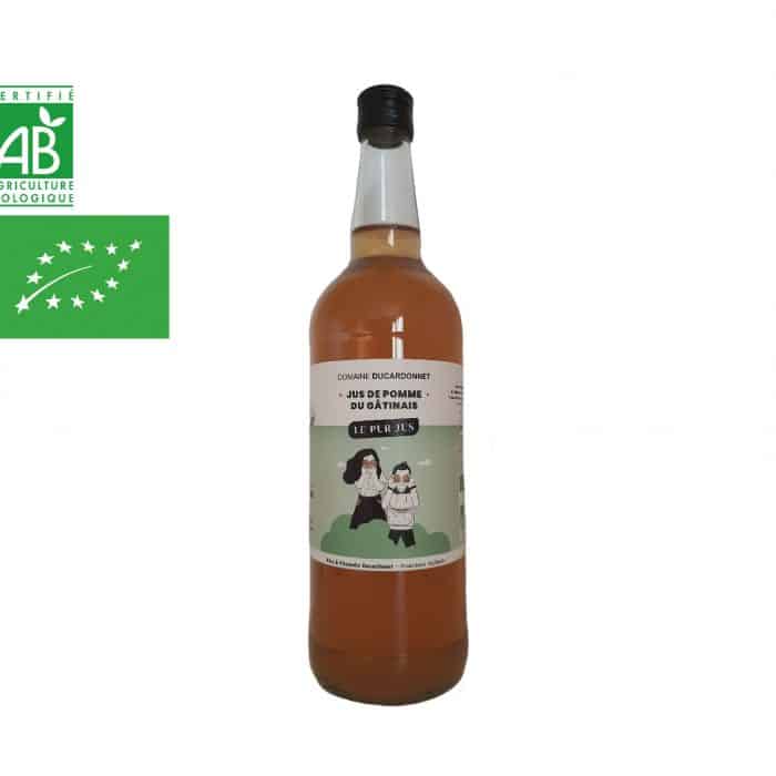 Pur jus de pomme 100% biologique, non filtré, sans sucre ni sulfite ajouté et issu des vergers situés dans le Gâtinais.