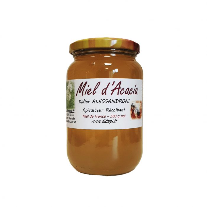 Miel d'acacia produit dans le Loiret (Région Centre) et très apprécié pour sa saveur douce et peu prononcée.