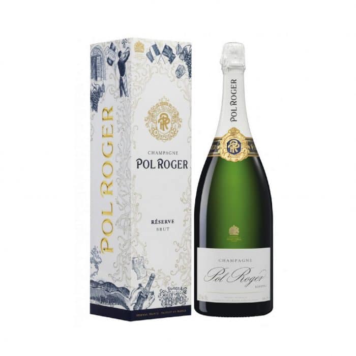 Ce magnum de Pol Roger Brut Réserve, présenté dans son étui, constitue un cadeau élégant et apprécié.